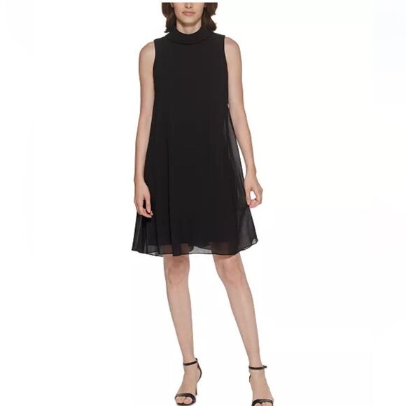 Vince Camuto Dresses & Skirts - Vince Camuto Mock-Neck Chiffon Shift Dress Black Size 12